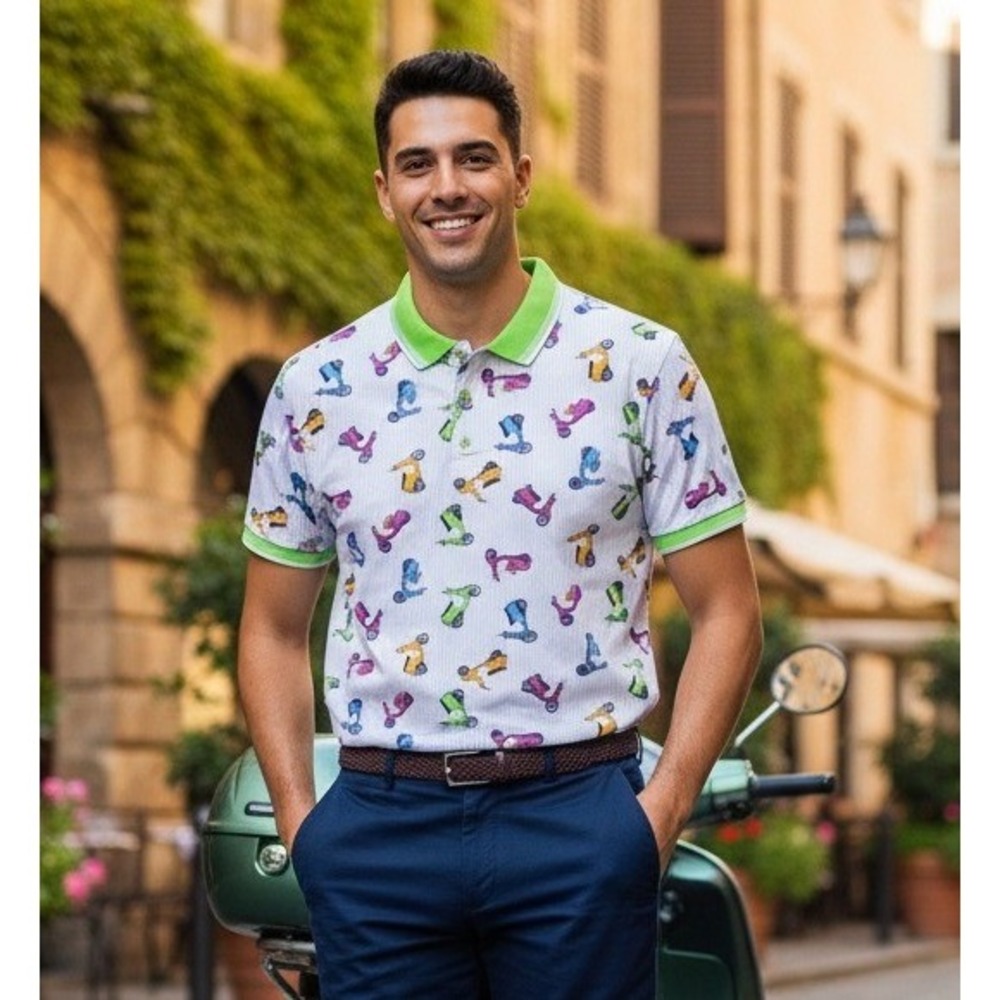 One Resolution Clothing Polo Shirt Mens M Scooter All Over Print Colorful Preppy